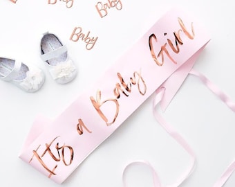 It's a Baby Girl Pink Sash Baby Shower Mommy To Be Gender Reveal Pregnancy Announcement Ribbon Metallic Rose Gold Foil