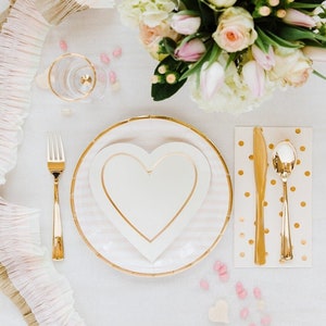 Heart Tableware Set in Cream with Gold PLATES NAPKINS CUTLERY Minimal Guest Serving for Valentine’s Day Wedding Bridal Shower Party Supply