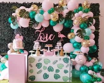 Pink Tropical Balloon Garland Flamingo Balloon Arch Decorations Luau Bridal Shower Backdrop Kit Aloha Monstera Balloon Garland