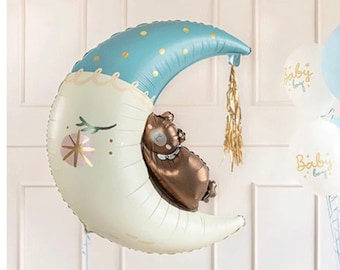 BABY BOY BALLOON Bundle Sleepy Moon and Bear Blue Cream Baby Shower Welcoming Newborn First Birthday New Mum Bouquet Prop Decor