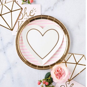 Blush Rosa und Gold Papier Teller Set Gestreift Elegant Geschirr Brautdusche Geburtstag Verlobung Party Feier Abendessen Einweg