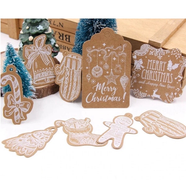Christmas Gift Tags on Brown Kraft Paper Rustic Merry Christmas Holiday Festive Season Favor Present Tags with String