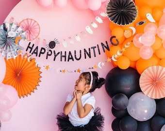 Happy Haunting HALLOWEEN GARLAND Minimal Black Party Welcome Sign Backdrop Trick or Treat Bunting Mantel Wall Window Decoration