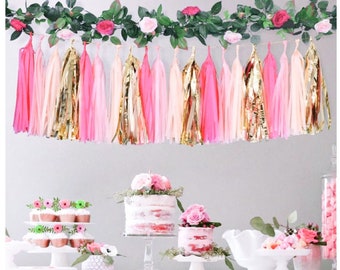 Pink Gold Tassel Garland Blush Fuchsia Party Theme Paper Fringe Hanging Bright Decoration Wedding Baby Shower Festival Fun Party Supply