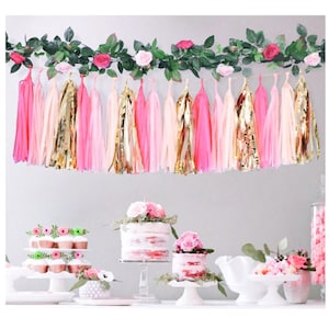 Pink Gold Tassel Garland Blush Fuchsia Party Theme Paper Fringe Hanging Bright Decoration Wedding Baby Shower Festival Fun Party Supply