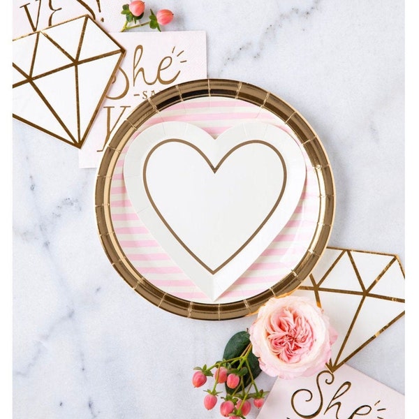 Heart Paper Plate Set White Gold Glam Tableware Romantic Valentine’s Day Wedding Bridal Shower Engagement Party Posh Dessert Plates