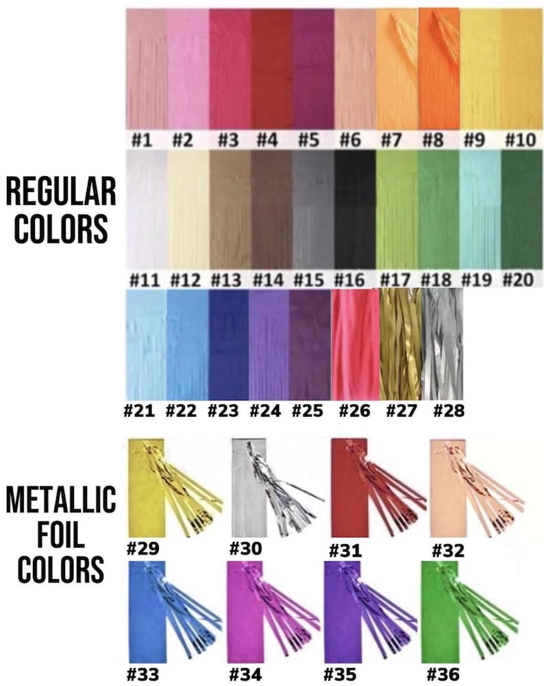 Pode incluir: Um gr&aacute;fico de cores mostrando franjas de papel crepom em cores regulares e met&aacute;licas. As cores regulares variam do branco ao preto, com tons de rosa, vermelho, laranja, verde e azul. As cores met&aacute;licas incluem ouro, prata e v&aacute;rias tonalidades.