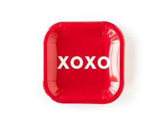 Valentine Day Plates Vibrant Red Square XOXO Paper Plates Appetizer Dessert Cocktail Party Supply Disposable Tableware Engagement Wedding