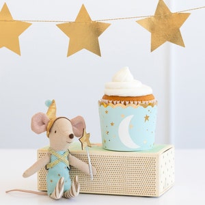 Blå stjärnor matkoppar över månen muffinsfodral söt bordsdekoration godislåda dessert servering babyshower födelsedagspojke