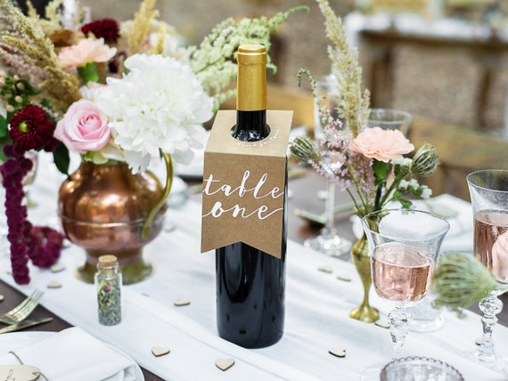 Wedding Table Number As Bottle Hanger Tags Rustic Kraft Paper Brown White Script Text 1-10 Labels Seating Arrangement Bottle Hanging Tag Il_570xn