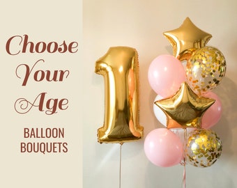 Birthday Balloon Bundle CUSTOM AGE Star Confetti Filled Classic Balloon Pink Gold Girly First Birthday Decoration Anniversary Year No