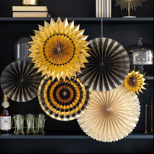 Paper Fan Set of 6 Black Gold Classic Rosettes Elegant Wall Ceiling Decoration Birthday Wedding New Year Eve Graduation Party Backdrop