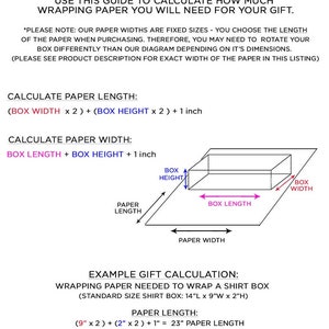 May include: A diagram showing how to calculate the amount of wrapping paper needed for a gift. The diagram shows a box with the dimensions labeled: box length, box width, and box height. The diagram also shows the wrapping paper with the dimensions labeled: paper length and paper width. The text below the diagram provides an example calculation for wrapping a shirt box.