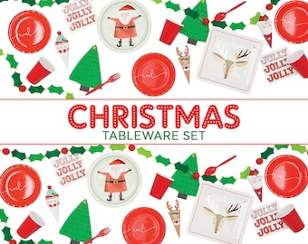 Christmas Tableware Xmas Party Supply Santa Reindeer Paper Plates Red Cups Cutlery Napkins Festive Holiday Family Dinnerware Red White