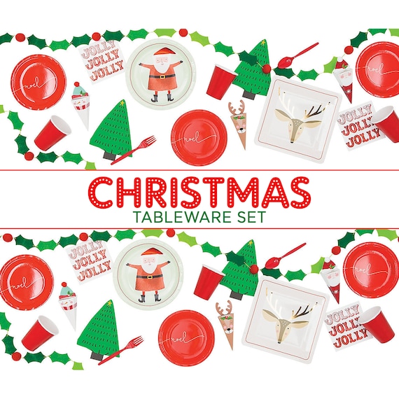 Christmas Tableware Xmas Party Supply Santa Reindeer Paper Plates Red Cups Cutlery Napkins Festive Holiday Family Dinnerware Red White