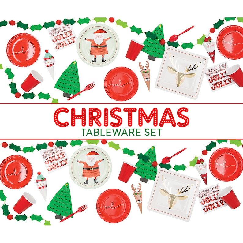 May include: A Christmas-themed tableware set with plates, cups, and decorative cutouts. The set includes red plates with "noel" script, Santa Claus plates, and tree-shaped cutouts. The text "CHRISTMAS TABLEWARE SET" is displayed.
