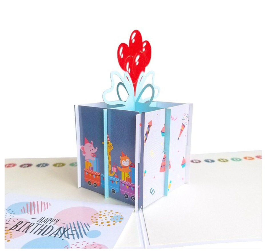 Happy Birthday Card Gift Box Balloons Pop up Card Safari Animals ...