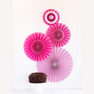 Pink Paper Fan Set 4 White Pink Origami Rosettes Striped Dotted Large Party Decoration Wall Ornament Pinwheel Girl Baby Shower Newborn
