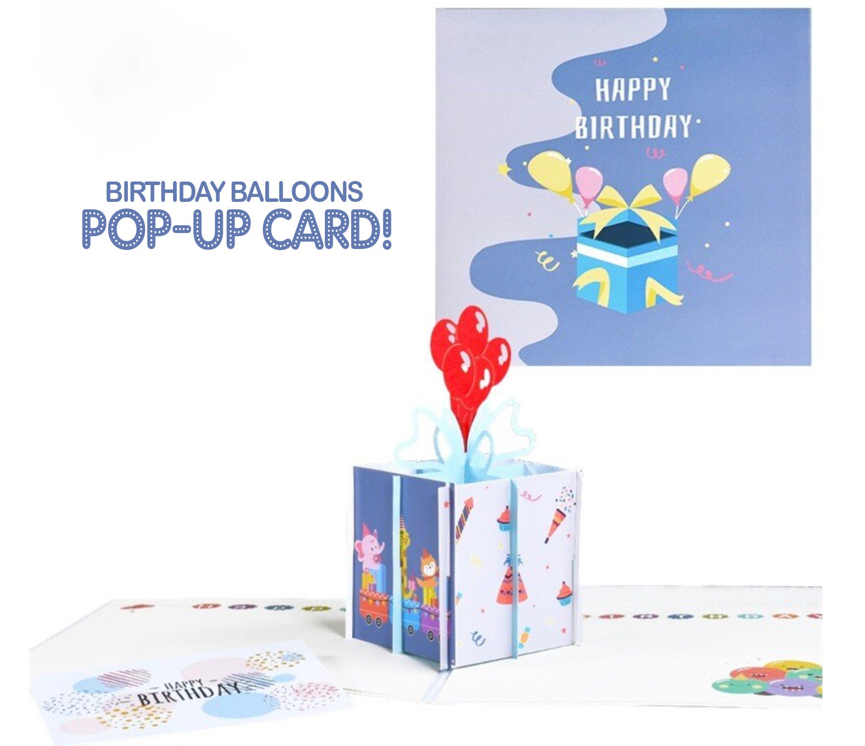 Happy Birthday Card Gift Box Balloons Pop up Card Safari Animals ...