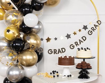 Graduation Banner Set GRAD GARLAND and STARS Black Gold Stars Sign Wall Hanging Entryway Event Bunting Congrats Class of 2026 Party Supply