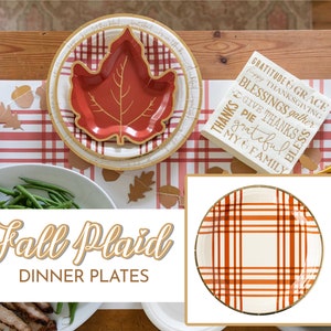 Plaid Paper Plates for Dinner Main Course Red with Gold Foil Autumn Fall Harvest Thanksgiving Party Supply Rustic Retro Tableware