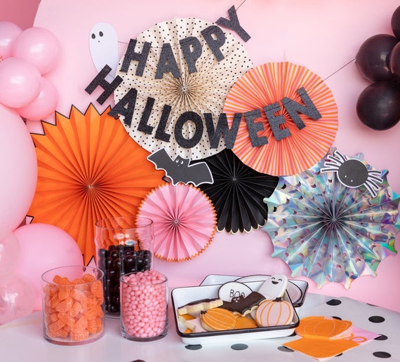 Paper Fan Set Happy Halloween Banner Orange Black Vibrant Wall Decoration Ghost Bat Garland Party Backdrop Photo Prop Sweet Table Sign Il_570xn