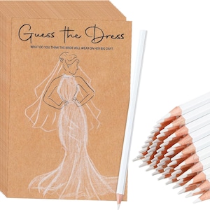 May include: A stack of brown kraft paper cards featuring the black text Guess the Dress and What do you think the bride will wear on her big day? with a white line drawing of a bride in a gown and veil, accompanied by white pencils.