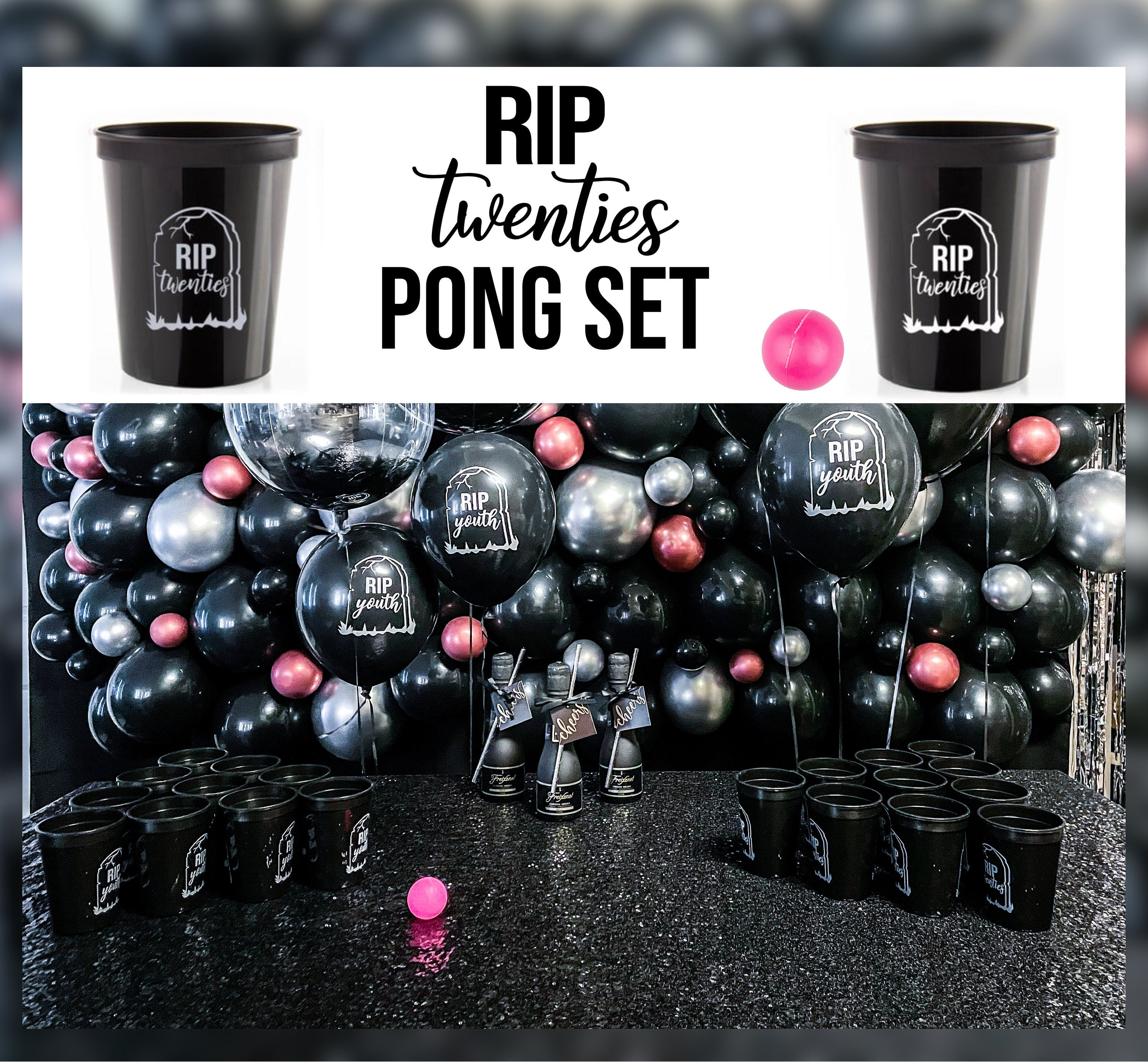 30歳の誕生日パーティーのドリンクゲーム用ポンセット ブラック リップ トゥエンティーズ プラスチックカップとボール ビール シャンパン ポン  R.I.P 20s ダーティ サーティ 再利用可能 - Etsy 日本, image size:3000x2775