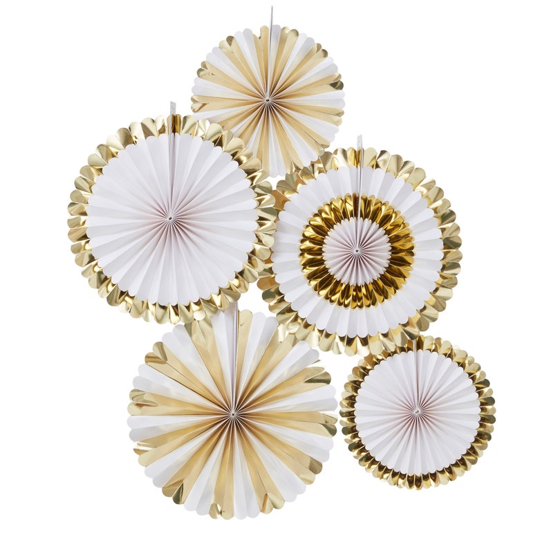 Gold Paper Fans Baby Shower Decor Shower Rosettes Rosette Decorations Bridal Shower Decor White and Gold Shower Rosette Decorations