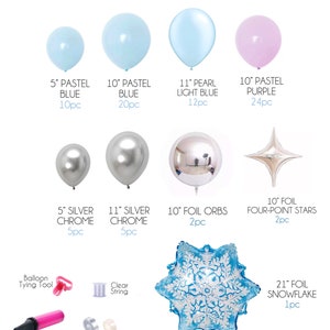 Puede incluir: Un kit de guirnalda de 1,8 metros para una fiesta de invierno. El kit incluye 10 globos azules pastel, 20 globos azules pastel, 12 globos azules perlados, 24 globos morados pastel, 5 globos cromados plateados, 5 globos cromados plateados, 2 orbes de papel de aluminio, 2 estrellas de cuatro puntas de papel de aluminio, 1 copo de nieve de papel de aluminio, una herramienta para atar globos, una bomba de mano para globos, un rollo de cinta para globos y 100 puntos de pegamento.