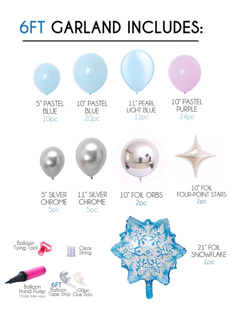 Puede incluir: Un kit de guirnalda de 1,8 metros para una fiesta de invierno. El kit incluye 10 globos azules pastel, 20 globos azules pastel, 12 globos azules perlados, 24 globos morados pastel, 5 globos cromados plateados, 5 globos cromados plateados, 2 orbes de papel de aluminio, 2 estrellas de cuatro puntas de papel de aluminio, 1 copo de nieve de papel de aluminio, una herramienta para atar globos, una bomba de mano para globos, un rollo de cinta para globos y 100 puntos de pegamento.