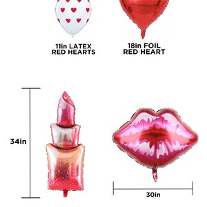 May include: A set of Valentine's Day themed foil balloons. The set includes a 34-inch lipstick balloon, a 30-inch kiss lips balloon, an 18-inch red heart balloon, and a 11-inch latex balloon with red hearts.
