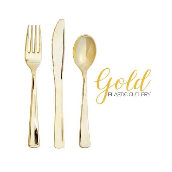 Gold Plastic Silverware Set, Gold Plastic Forks, Gold Plastic Cutlery Sets, Shiny Gold Party Supplies, Metallic Gold Party Decorations Il_570xn