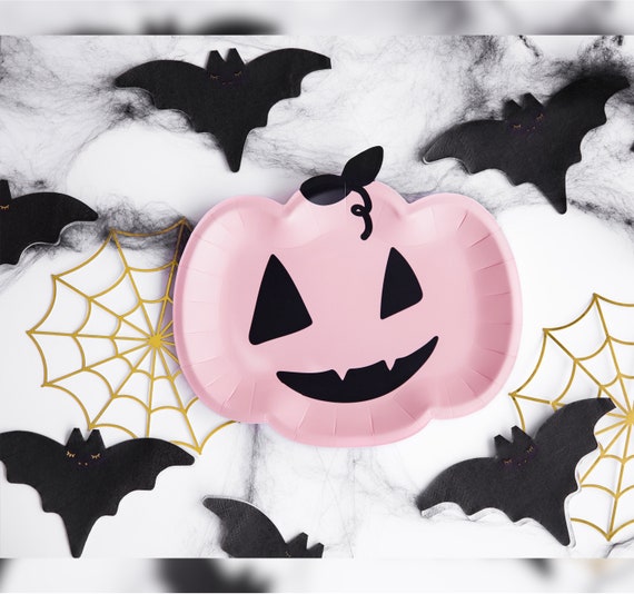 Pink Pumpkin Paper Plates Cute Spooky Girly Halloween Tableware Jack O Lantern Shape Dinnerware October Birthday Party Supply Il_570xn