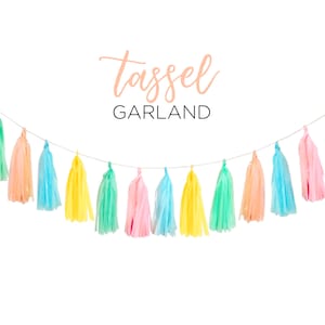 PASTEL TASSEL GARLAND Yellow Green Blue Fringe Banner Party Easter Egg Hunt Sweet Table Spring Garden Wall Decoration Diy Kit image 1