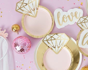 Ring Shape Paper Plates in Blush Pink and Gold for Engagement Bridal Shower Bride to Be Bachelorette Tableware Party Dinnerware Diamond Ring