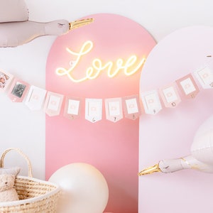 May include: A pink and white nursery decor scene with a banner of photo frames numbered 1-12. A neon sign reads "Love". Decorative stork balloons and a wicker basket with a teddy bear and star add to the theme.