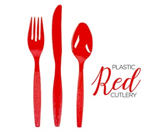 Red Plastic Cutlery Sets Christmas Tableware Forks Spoon Knives Minimalist Silverware Set One Time Use Xmas Party Supply Child Friendly
