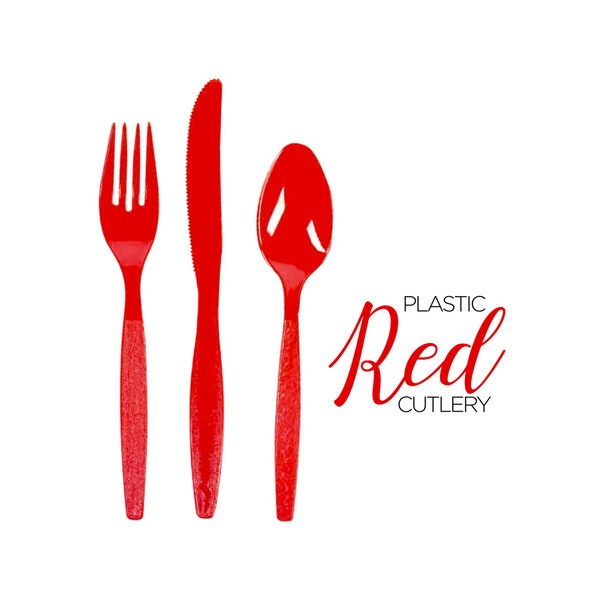 Red Plastic Cutlery Set Party Supply Tableware Utensils Wedding Birthday Catering Outdoor Party Cutlery Reusable Cutlery Knife Fork Spoon