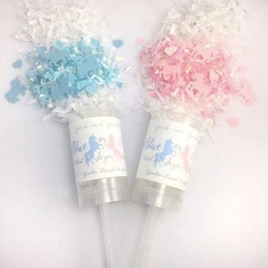 Poppers de unicornio para revelar el género, confeti de unicornio, poppers de unicornio para revelar el género, de color azul o rosa, ¿qué opinas?
