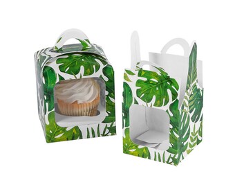 Tropische cupcakedoos met venster, individuele cupcakehouder met inzetstuk, mini-taartjespresentatiedoos, geschikt als bedankdoos voor bruiloft, verloving of feest.