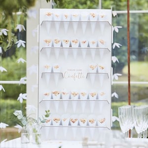 Soporte de confeti y conos para boda, novia, novio, envío blanco, minimalista, elegante, independiente, exhibición de cartón, decoración de compromiso