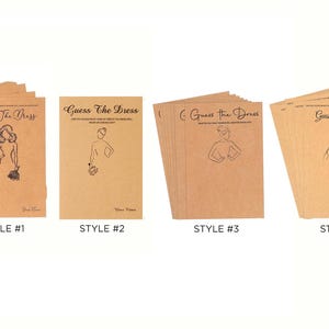 May include: Four sets of tan paper cards labeled Guess The Dress with black line art illustrations of figures in various outfits. Each card features a space for a name and text describing the game. The cards are arranged in four distinct styles.