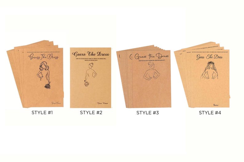 May include: Four sets of tan paper cards labeled Guess The Dress with black line art illustrations of figures in various outfits. Each card features a space for a name and text describing the game. The cards are arranged in four distinct styles.