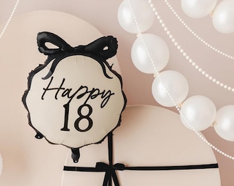 Happy 18th Birthday Balloon with BOW Ribbon Designer Inspired Aesthetic Glam Monochrome Bday Milestone Mylar Balloon Photo Prop Backdrop