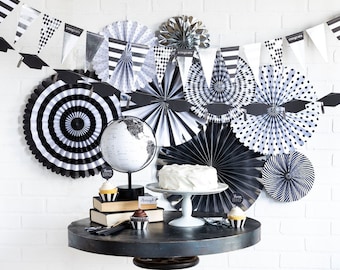 Graduation Backdrop Paper Fan Set Black White Polka Dot Striped Rosette Congrats Grad Class 2026 Grad Party Hanging Wall Ceiling Decoration