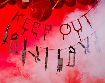 Horror Halloween Banner KEEP OUT Bloody Dripping Blood Saw Knife Crime  Scene Murder Mystery Creepy Eerie Garland Backdrop Entryway