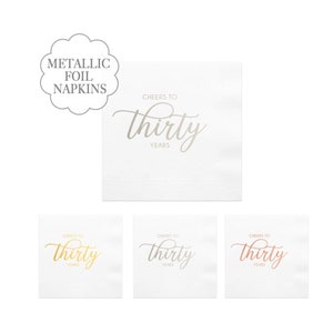 Cheers To Thirty Years Napkins White Metallic Silver Text Foil 30th Birthday Party Decoration Celebration White Beverage Tissues Paper