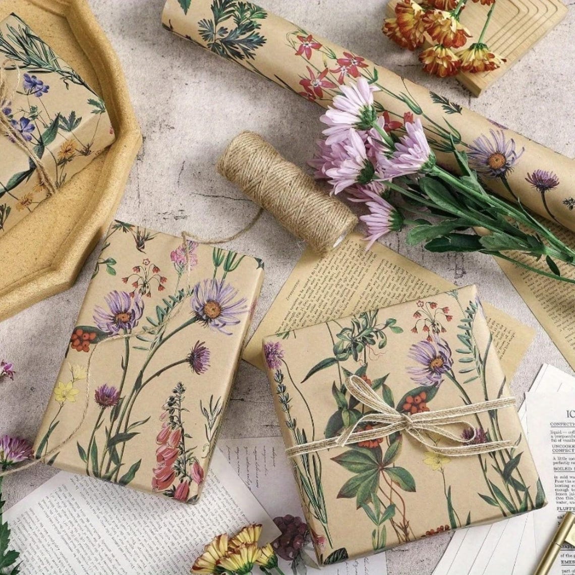 Botanical Wrapping Paper Roll Vintage Floral Gift Wrap Wildflower Kraft ...