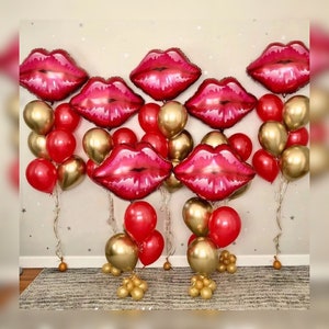 Red Lips Balloon Bundle Gold Red Round Balloon Fun Valentine’s Day Decoration The Kiss Romantic Makeup Fashion Party Supply